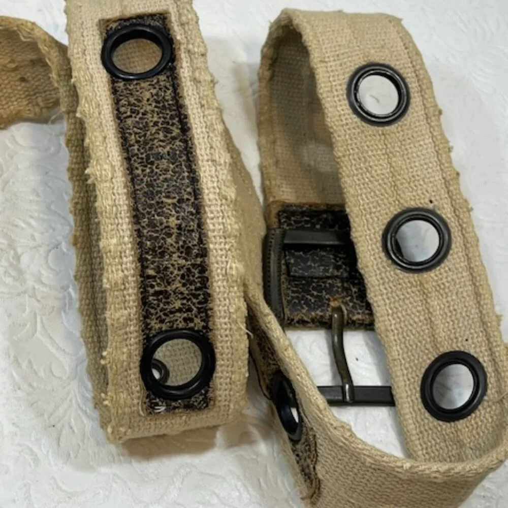 Beige Distressed Canvas Faux Leather Accents Metal Grommet Holes Belt 37